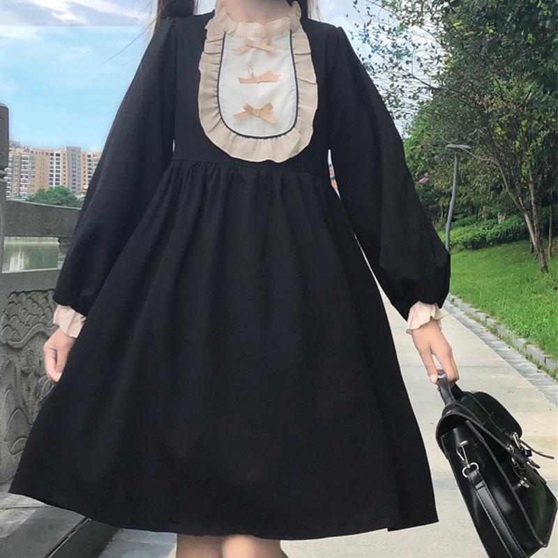 Women's Lolita Black High-waisted Bowknots Dresses 