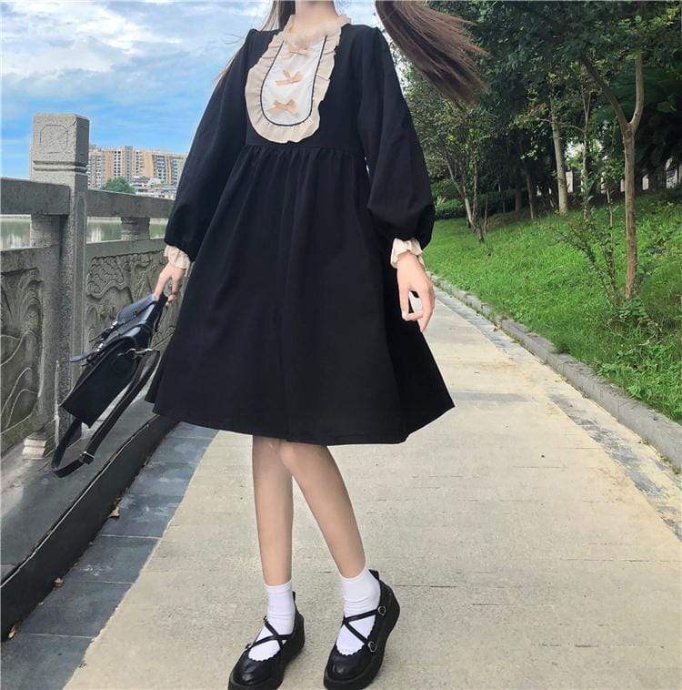 Vestidos de mujer Lolita con lazo de cintura alta negros