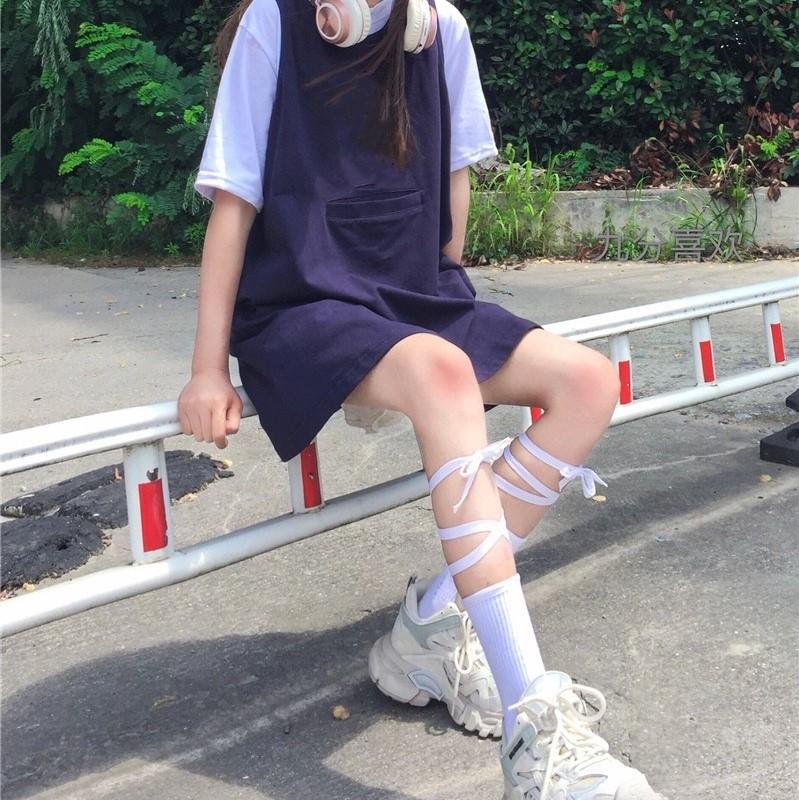 Women's Lolita Cross Lace-up Solid Color Socks-Kawaiifashion