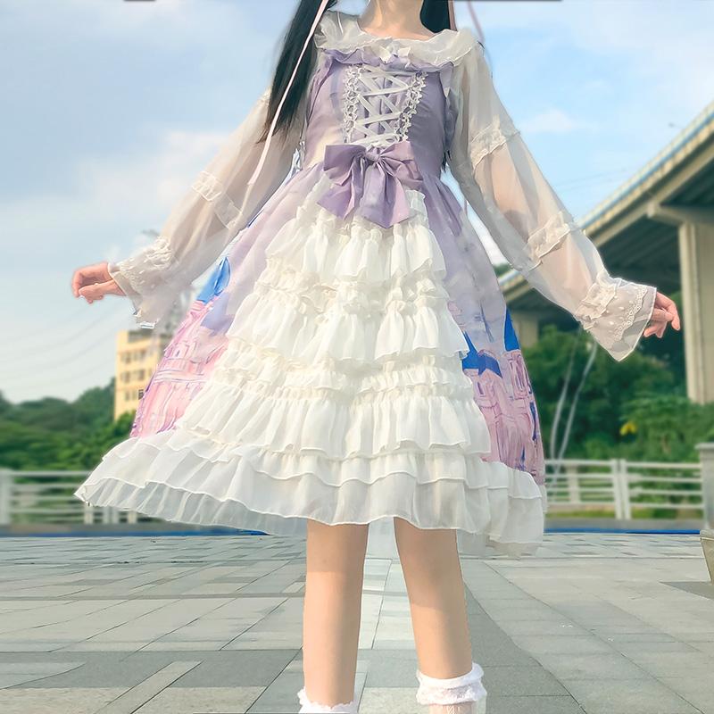 Kawaiifashion Robes Lolita taille haute à lacets pour femmes avec nœud papillon