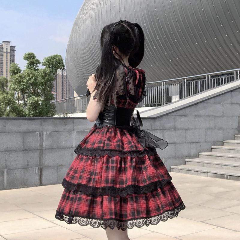 Women's Lolita Layered Plaid Slip Dresses-Kawaiifashion
