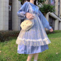 Kawaiifashion Women's Lolita Pure Color Peter Pan Color Dresses With Mess Overskirts
