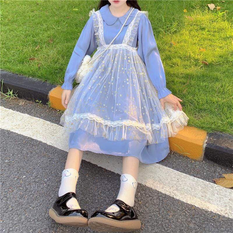 Kawaiifashion Women's Lolita Pure Color Peter Pan Color Dresses With Mess Overskirts