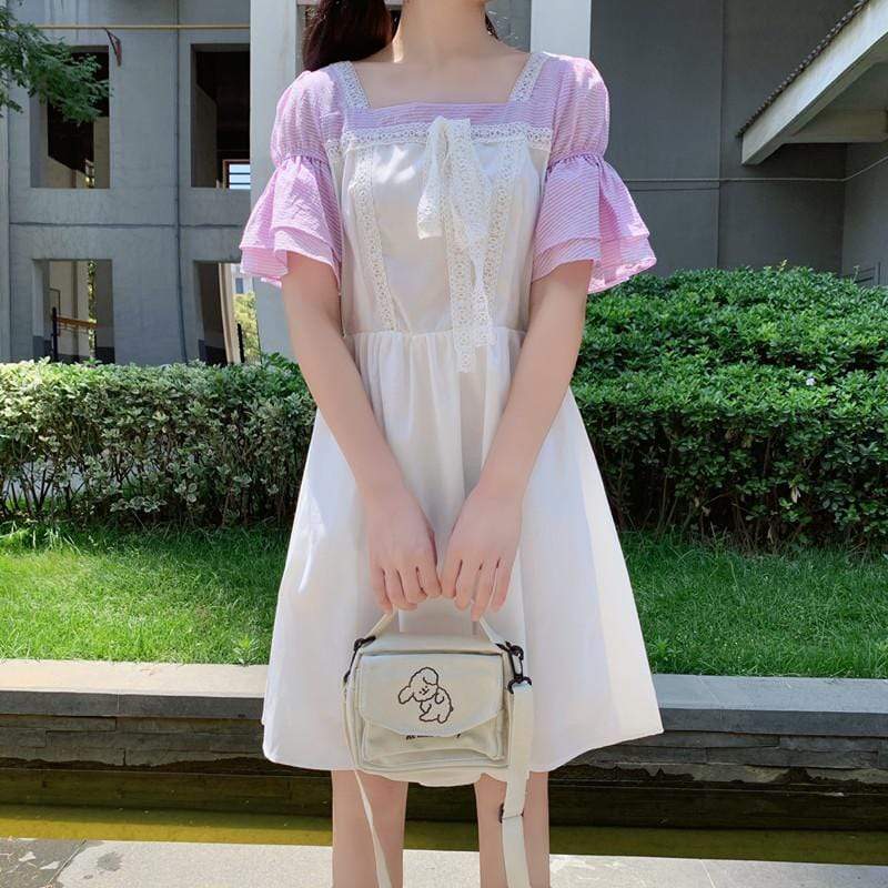 Women's Lolita Square Collar Puff Sleeved Lace Dress-Kawaiifashion