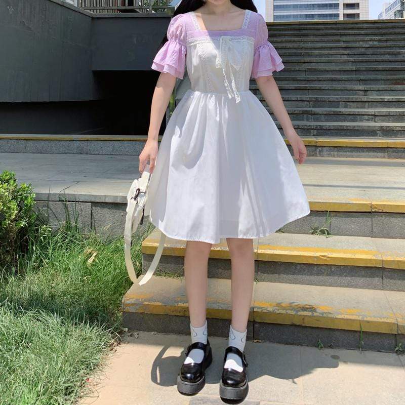 Women's Lolita Square Collar Puff Sleeved Lace Dress-Kawaiifashion