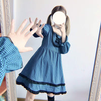 Women's Lolita Square-cut Collar Lace Bowknot Plaid Dresses