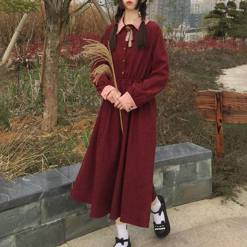 Vestido de manga larga para mujer con lazo-Kawaiifashion