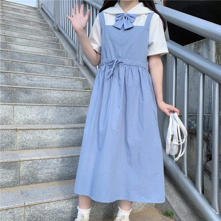 Women's Lovely Bowknot Suspender Maxi Dress With White Shirts-Kawaiifashion