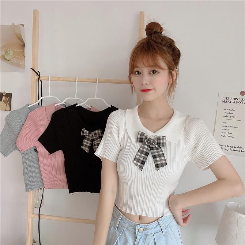 Women's Lovely Kintted Shirts With Plaid Bowknot-Kawaiifashion