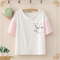 Kawaiifashion Women's Lovely Pig Printed Contrast Color Sleeved Tees