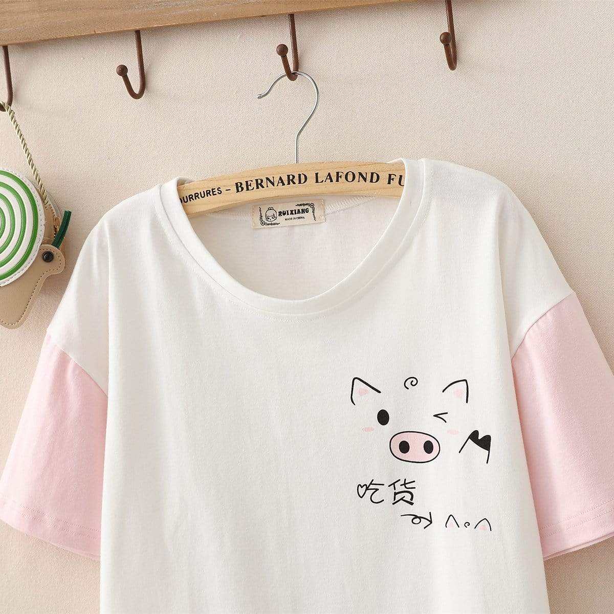Kawaiifashion T-shirts à manches contrastantes imprimés Lovely Pig pour femmes