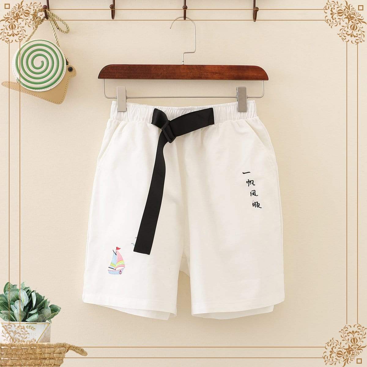 Kawaiifashion Women's Lovely Ship Embroidered Fifth Pants With Black Belt