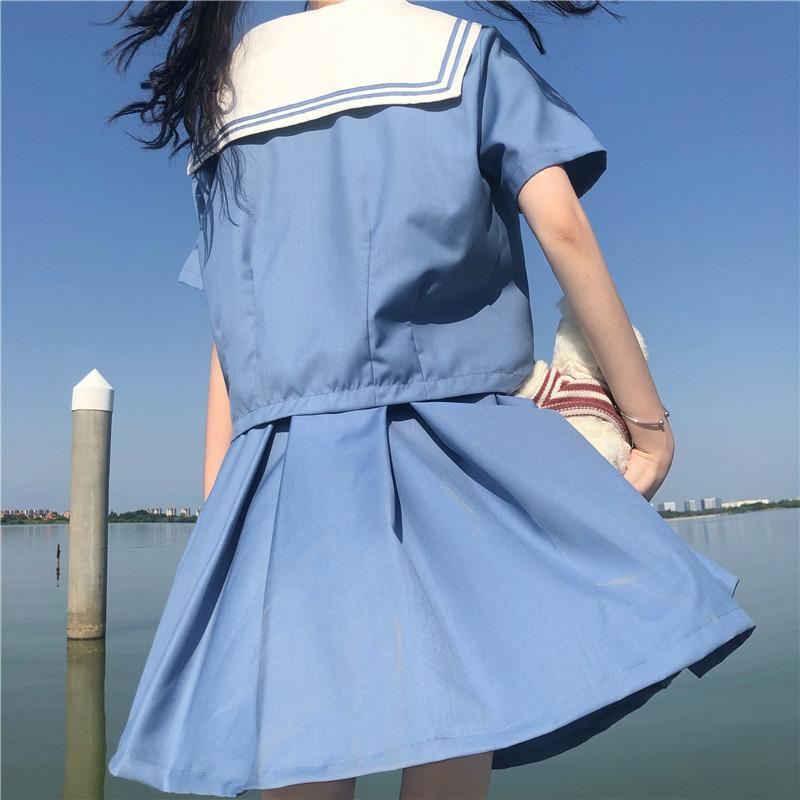 Shrits-Kawaiifashion de manga corta con cuello azul marino para mujer