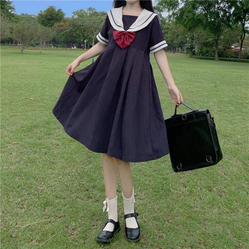 Women's Navy Style High-waisted Dresses-Kawaiifashion