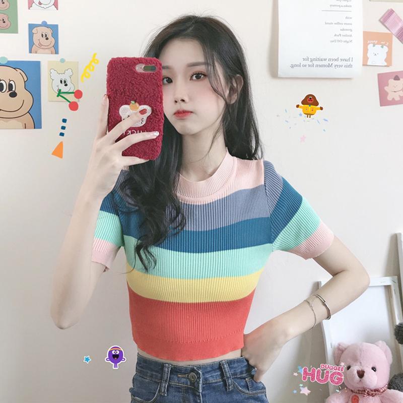 Women's Rainbow Wide Stripes Shirt-Kawaiifashion