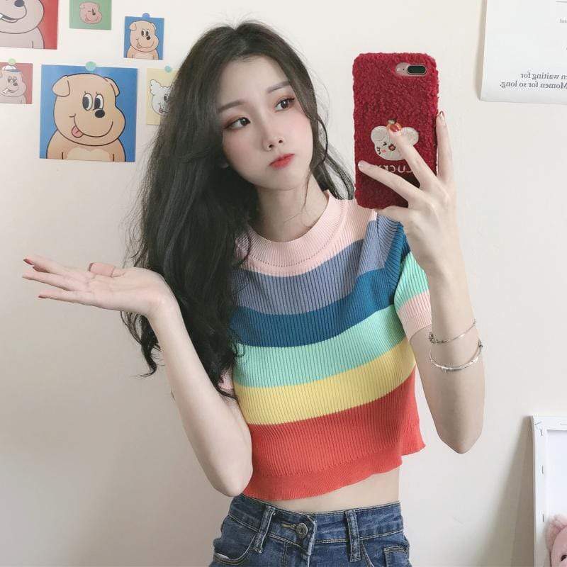 Women's Rainbow Wide Stripes Shirt-Kawaiifashion