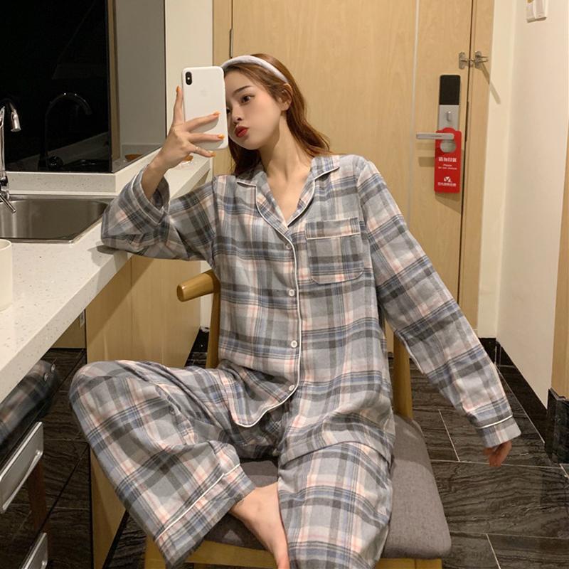 Einreihiger karierter Pyjama für Damen – Kawaiifashion