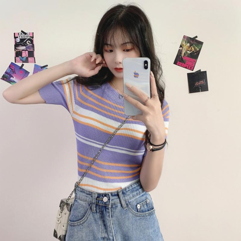 Women's Slim Fitted Stripes Kintted Shirts-Kawaiifashion