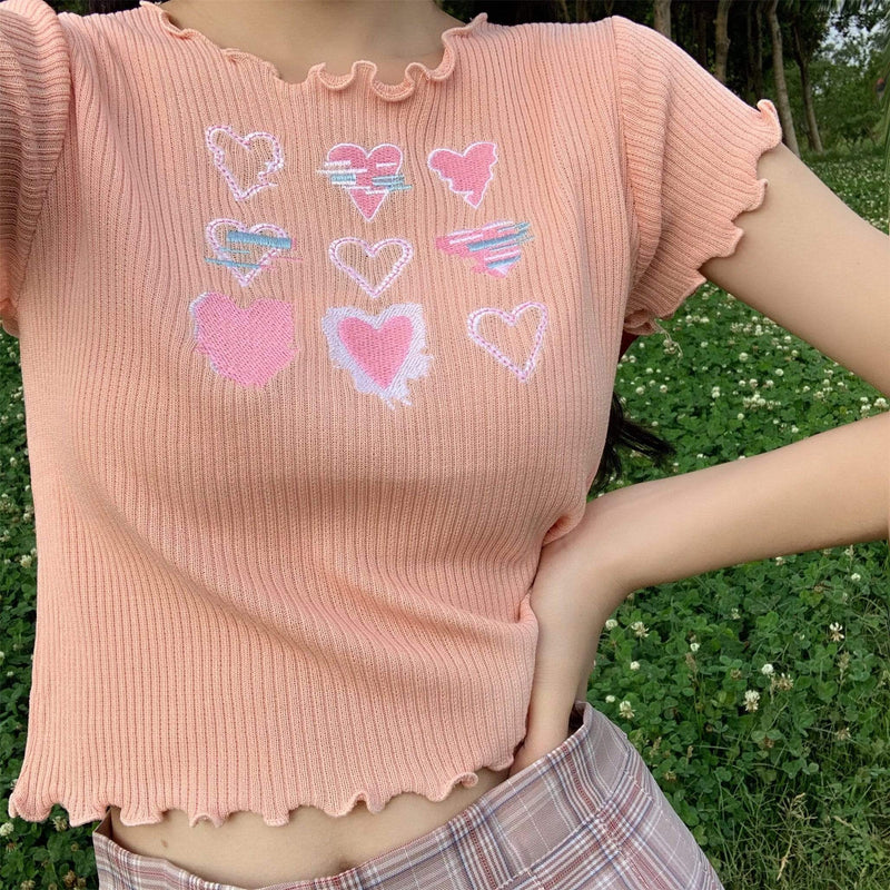 Women's Slimmed Heart Embroidered Kintted T-Shirts-Kawaiifashion