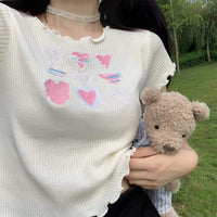 Camisetas de kintted bordadas con corazones ajustados para mujer-Kawaiifashion