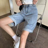 Women's Straight Ripped Denim Shorts-Kawaiifashion
