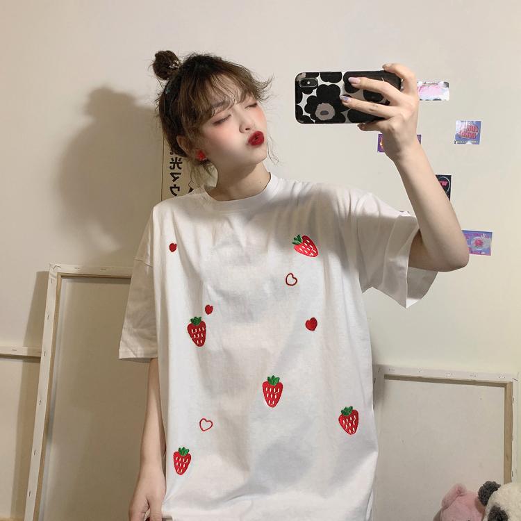Camiseta holgada con bordado de fresa para mujer-Kawaiifashion
