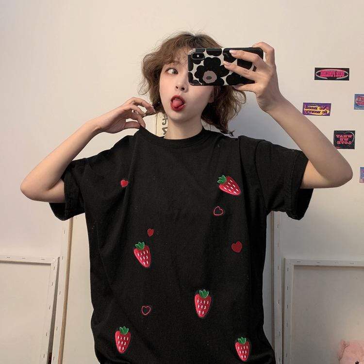 Camiseta holgada con bordado de fresa para mujer-Kawaiifashion