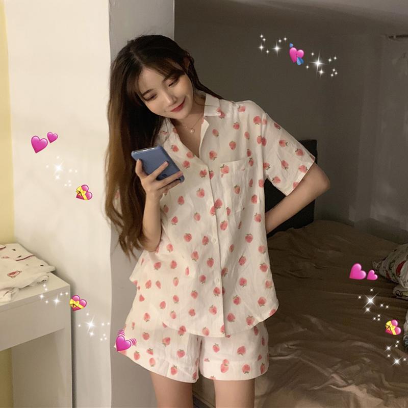 Pijama de manga corta con estampado de fresa para mujer-Kawaiifashion