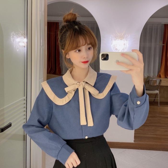 Kawaiifashion Women's Sweet Bowknot Lace-up Contrast Color Large Lapel Shirts