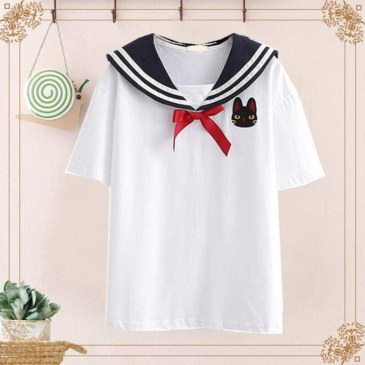 Kawaiifashion Women's Sweet Bowknot Lace-up Sailor Collar Cats Embroidered Shirts