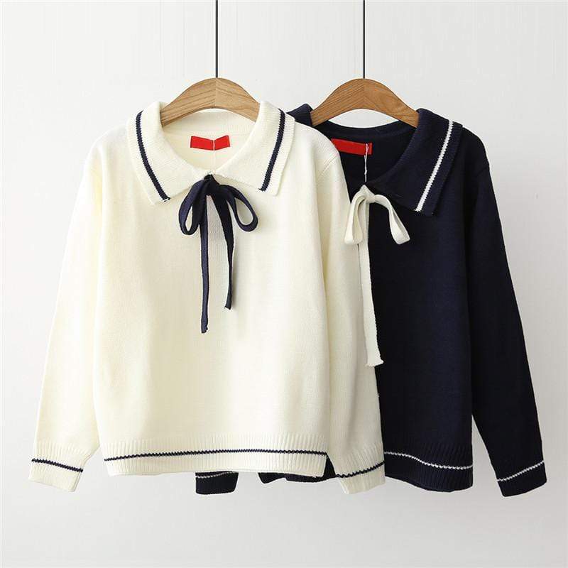 Kawaiifashion Women's Sweet Bowknot Lace-up Sailor Collar  Contrast Color Sweaters
