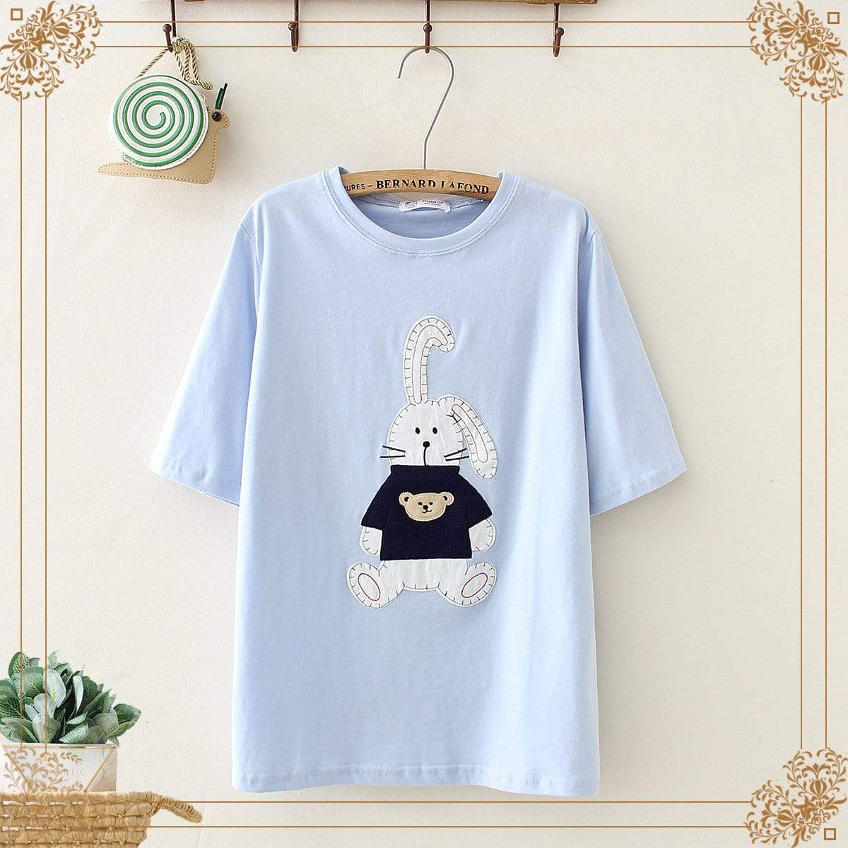Kawaiifashion レディース Sweet Bunny 刺繍入りピュアカラー T シャツ