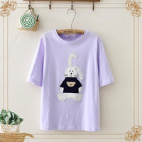 T-shirt in puro colore ricamato con coniglietto dolce da donna Kawaiifashion