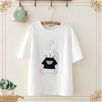 T-shirt in puro colore ricamato con coniglietto dolce da donna Kawaiifashion