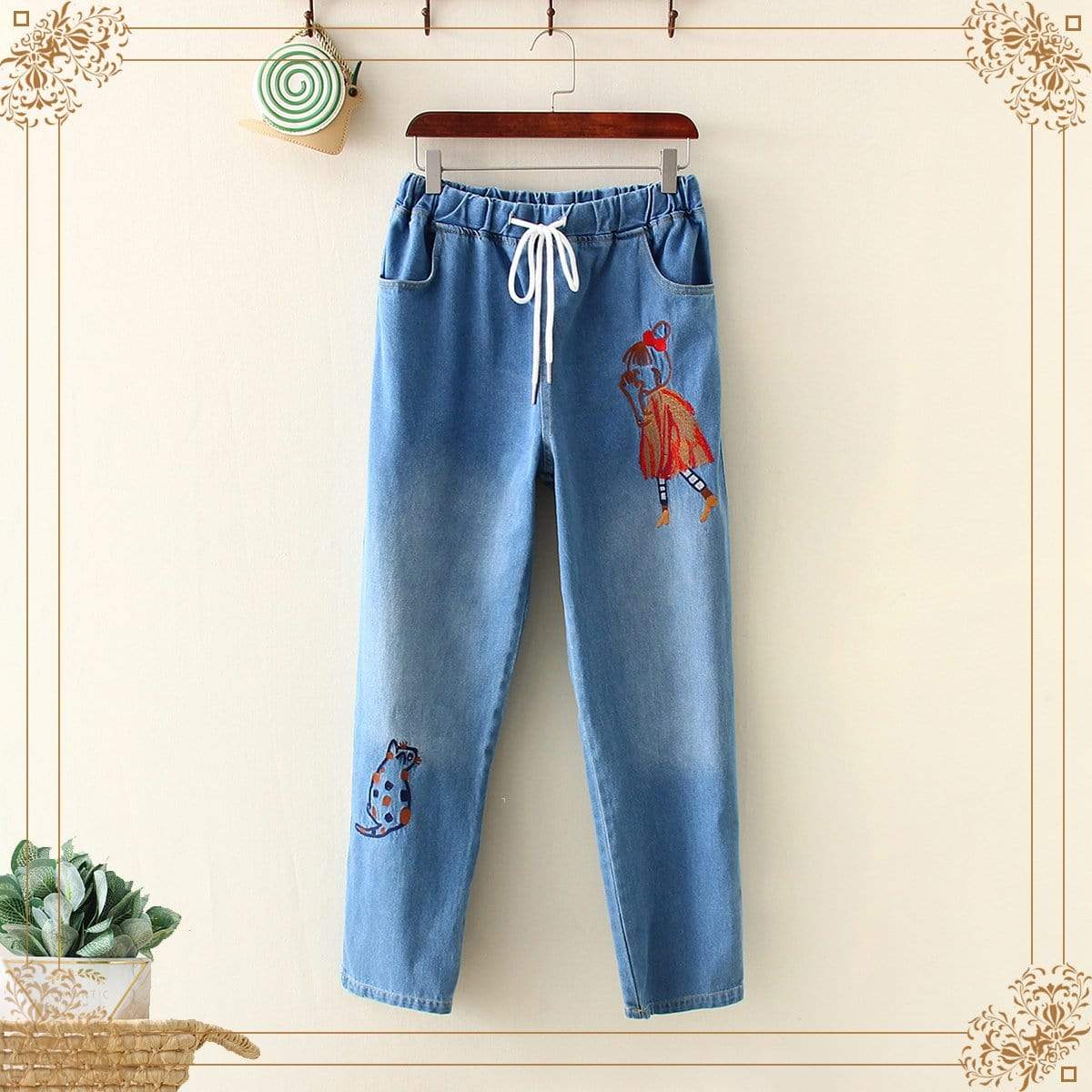 Kawaiifashion Women's Sweet Cat And Girl Embroidered Elastic Jeans