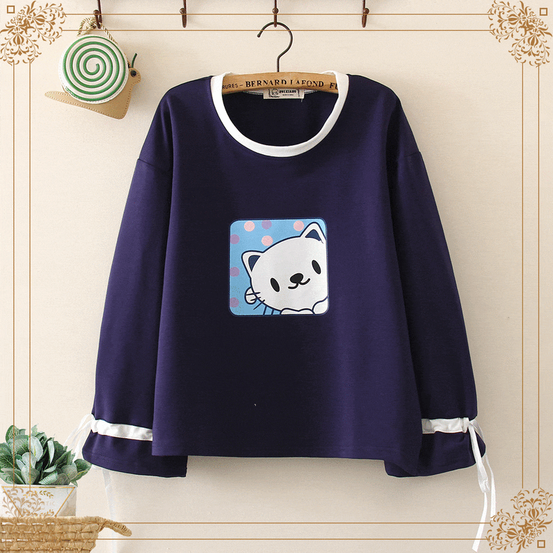 Kawaiifashion Women's Sweet Cat Printed  Contrast Color Lace-up Sleeved Tees