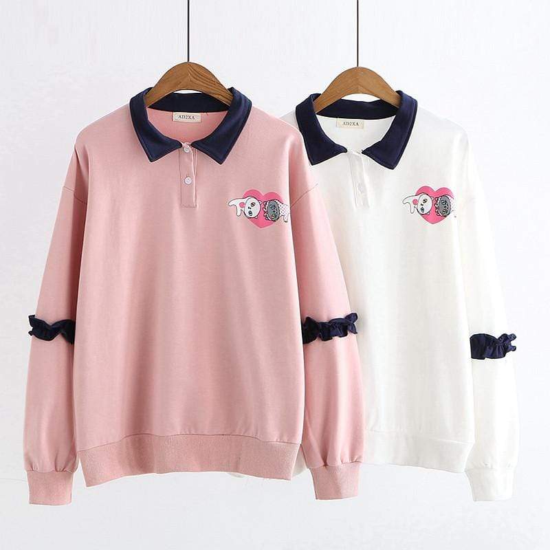 Kawaiifashion Damen-Pullover mit süßen Katzen, bedruckt, Kontrastfarbe, Falbala-Ärmel, Revers