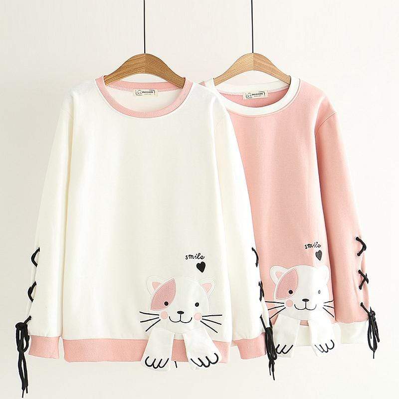 Kawaiifashion Damen-Pullover mit süßen Katzen, bedruckt, Kontrastfarbe, mit Schnürärmeln