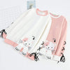 Kawaiifashion Women's Sweet Cats Printed Contrast Color Lace-up Sleeeved Sweaters