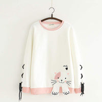 Kawaiifashion Women's Sweet Cats Printed Contrast Color Lace-up Sleeeved Sweaters