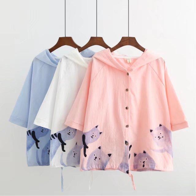Kawaiifashion Damen-Pullover mit süßen Katzen, bedruckt, reine Farbe, lockeres Lycra mit Kapuze
