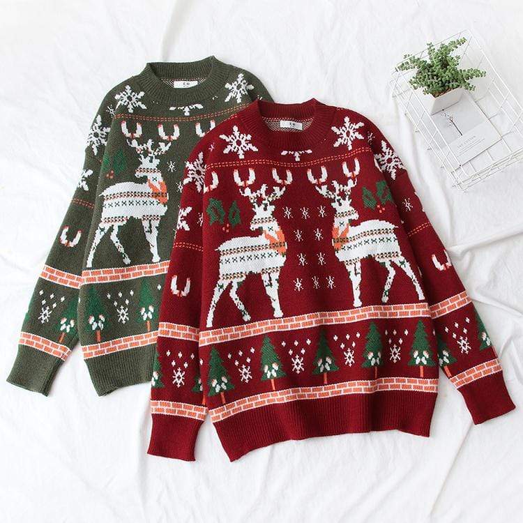 Kawaiifashion Women's Sweet Christmas Trees Elks Snowflakes Knitted Winter Sweaters