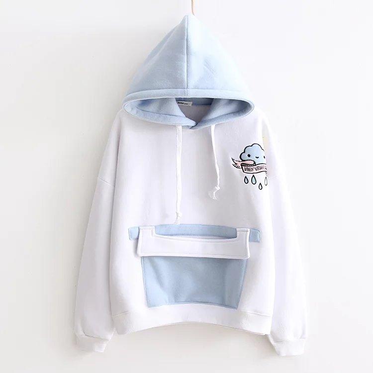 Kawaiifashion Women's Sweet Cloudy Embroidered And Monster Printed Constrast Color Hoodies