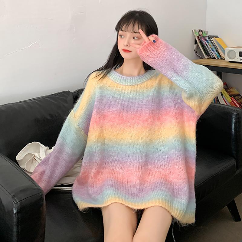Kawaiifashion Women's Sweet Colorful Rainbow Striped Loose Sweaters