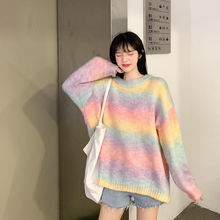 Kawaiifashion Women's Sweet Colorful Rainbow Striped Loose Sweaters
