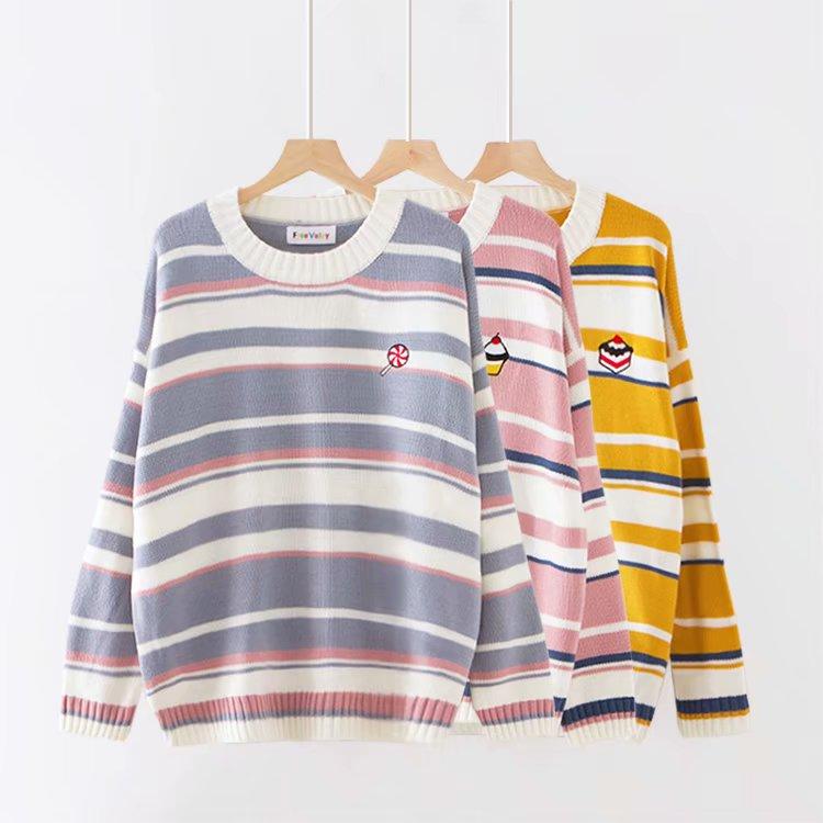 Kawaiifashion suéteres de punto con bordado de pastel a rayas de colores dulces para mujer