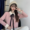 Kawaiifashion Women's Sweet Contrast Color Lapel Knitted Tops With Black Ribbon