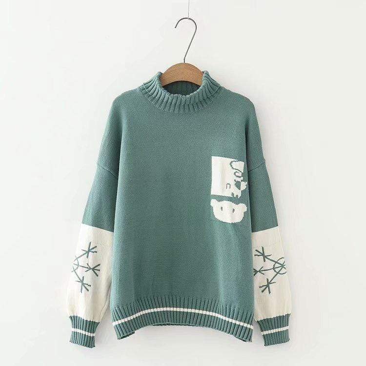 Kawaiifashion Women's Sweet Contrast Color Snowflake Embroidered Sleeved Loose Sweaters