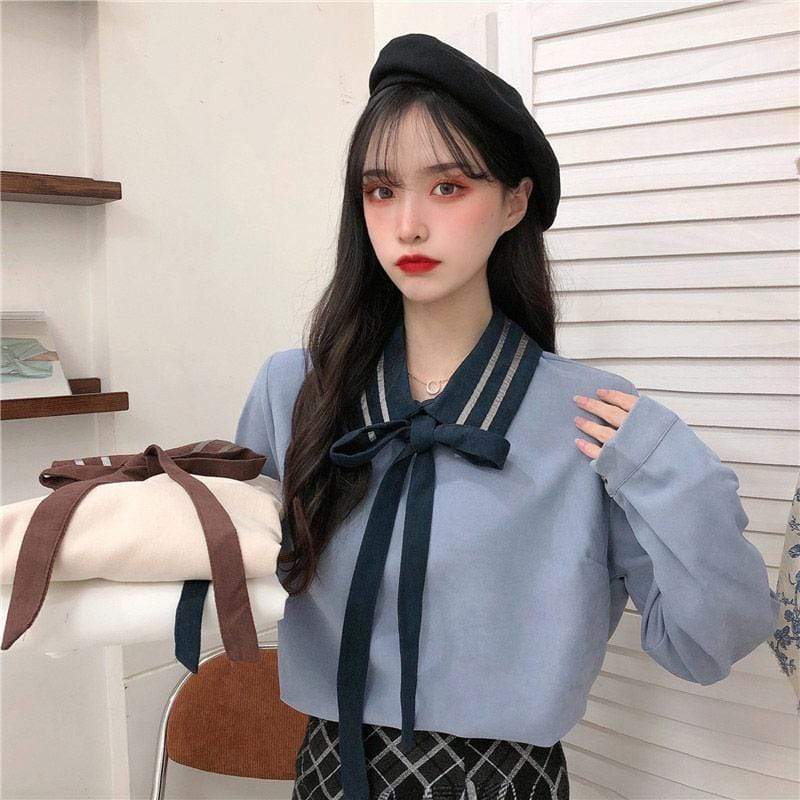 Kawaiifashion Women's Sweet Contrast Color Striped Bowknot Collar Pure Color Shirts