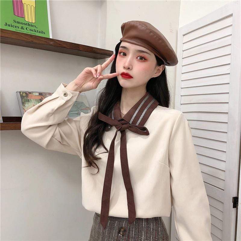 Kawaiifashion Women's Sweet Contrast Color Striped Bowknot Collar Pure Color Shirts